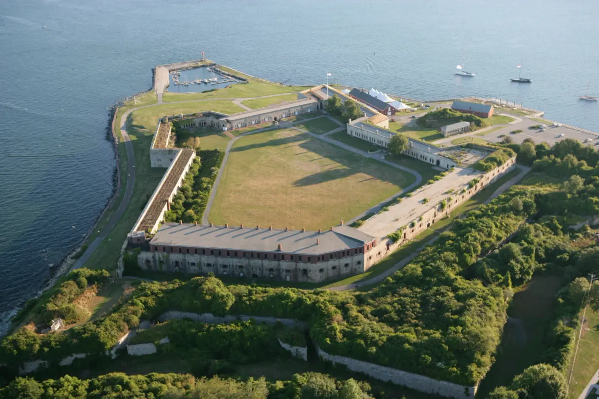 Aerial view of Fort Adams and its parade field guarding the entrance to Narragansett Bay